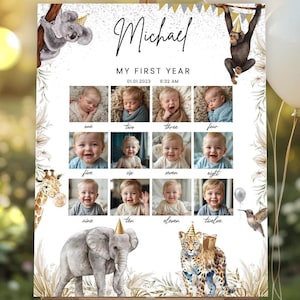 Affiche modifiable de première année d'animal, panneau d'étapes modifiable pour le 1er anniversaire, affiche d'album photo de première année safari, plaque photo de premier anniversaire, format A41