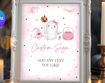 Fully Editable Pink Halloween Ghost Costume Sign – Cute Spooky Party Sign for Birthday or Halloween Decor (Digital Download) H350