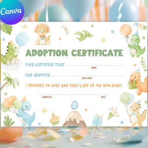 Adopt a Dinosaurier Adoptionszertifikat Cute Dinosaurs Adoption Wild One Birthday, druckbare Dino Adoptionsurkunde, Dino Party D130