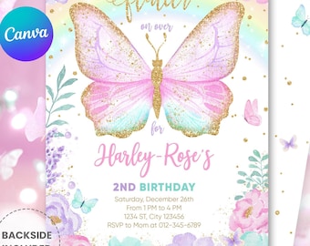 Editable Butterfly Birthday Invitation – Rainbow Floral Garden Party Invite, Whimsical Design, Instant Download M109