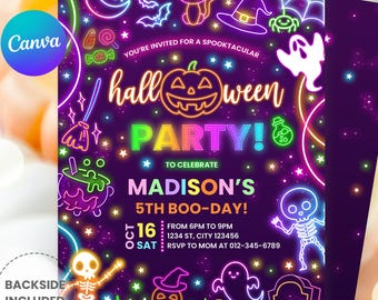 Editable Glow In The Dark Halloween Birthday Invitation – Neon Spooktacular Glow Party Invite (Digital Download)