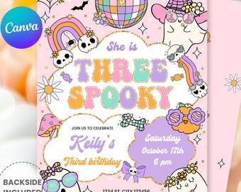 May include: A pink and gold Halloween-themed birthday party invitation. The invitation features the text "She is THREE SPOOKY" with ghost illustrations, rainbows, and a disco ball. The invitation includes the text "Keily's Third birthday".