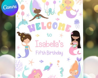 Letrero de bienvenida de cumpleaños de sirena: Decoración oceánica pastel (Plantilla digital)
