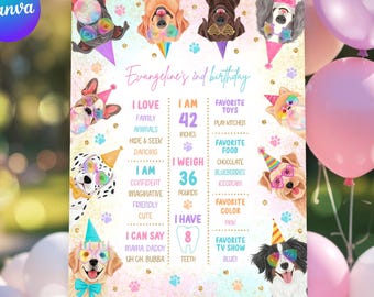 Editable Puppy Birthday Milestone Sign | Let’s Paw-ty Pink Girl Dog Party Decor | Digital Download D280