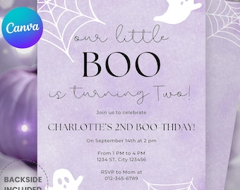 Editable Little Boo Is Turning Two Invitation – Two Spooky Halloween Ghost 2nd Birthday Party , Cute Pink Ghost Party (Instant Download)