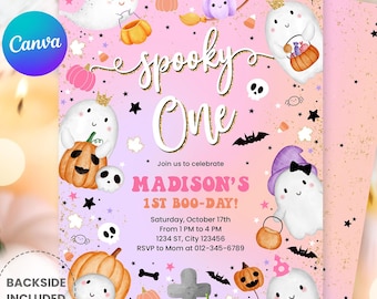 編集可能な不気味なピンクのハロウィン誕生日招待状 - かわいいゴーストの1歳の誕生日ブーデーパーティー招待状（デジタルダウンロード）