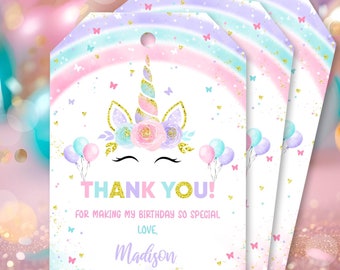 Editable Unicorn Birthday Luggage Favor Tags Magical Pastel Rainbow Unicorn Birthday Whimsical Fairytale Unicorn Party Thank You Tag U21