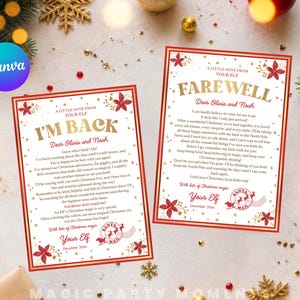 Puede incluir: Dos tarjetas rectangulares blancas con texto en dorado y rojo y detalles florales. La tarjeta izquierda dice I'M BACK y la derecha FAREWELL. Ambas incluyen un sello de Santa Mail, estrellas doradas e ilustraciones de flores de pascua.