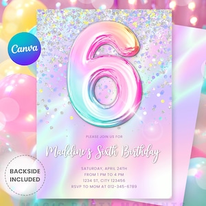 May include: A birthday invitation with a large, iridescent number six. The invitation features the text "Madeline's Sixth Birthday" and event details. The design includes a colourful balloon theme with confetti and a "Backside Included" label.
