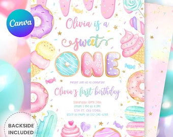 Editable Sweet One Birthday Invitation – Donut Theme 1st Birthday Invite for Girls “She’s a Sweet One” (Digital Download) S270