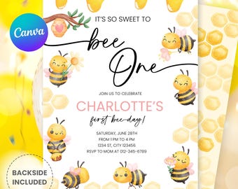 Editable Bee Birthday Invitation: Sweet Bumble Bee Theme (Digital Download, 5x7 in Canva Template)