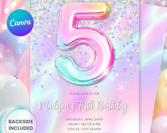 Può includere: Un invito di compleanno con un grande numero 5 iridescente. L'invito presenta il testo "Madison's Fifth Birthday" e i dettagli dell'evento. Il design include una palette di colori pastello con palloncini e coriandoli.