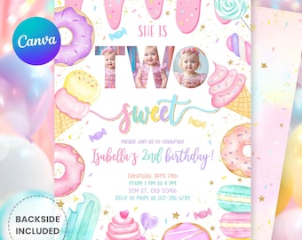 Two Sweet Birthday Invitation, 2nd Birthday Girl Donut Invitation Blush Pink Two Year Dessert Invite, Candy Sweets Donut, Editable Canva