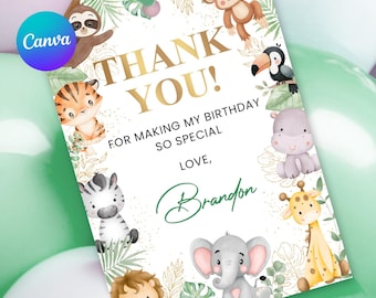 Etiquetas de agradecimento de aniversário na selva: lembrancinhas editáveis (download digital)