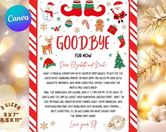 May include: A festive Christmas-themed letter with a red and white border. The letter includes holiday illustrations of Santa, elves, and a snowman. Text on the letter reads "Goodbye for Now" and includes a personalized message. The letter is available in 5x7 inch and 8.5x11 inch sizes.