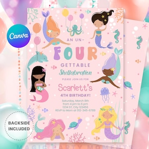 Editable Mermaid 4th Birthday Invitation: Pink Under The Sea (Digital Download)