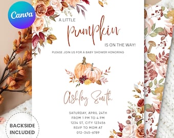 Pumpkin Baby Shower Invitation, A Little Pumpkin is on the Way Invite, Fall Baby Shower Invitation, Autumn Invite, Instant Download