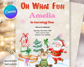 May include: A festive invitation for a first birthday party. The design features a watercolor illustration of Santa Claus, a reindeer, gifts, and Christmas trees. The text reads "Oh What Fun Amelia is turning One". Includes RSVP information.