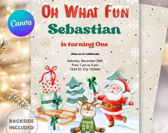 May include: A festive Christmas-themed invitation with the text "Oh What Fun Sebastian is turning One." The design includes illustrations of Santa Claus, a reindeer, presents, and snowflakes. The invitation is beige with a matching envelope.