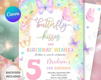 Faire-part d'anniversaire papillon modifiable - Invitation à une garden-party papillon floral lunatique arc-en-ciel, téléchargement immédiat