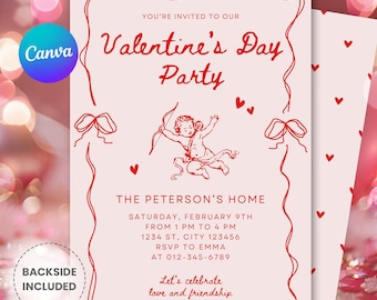 Valentine's Day Party Invitation | Pink Red Hand Drawn Friendship Coquette Galentines Invite | Instant Download