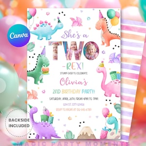 May include: A colorful birthday party invitation featuring watercolor dinosaurs, balloons, and the text "She's a TWO - REXI". The invitation includes the name "Olivia's" and party details. The design is whimsical and suitable for a child's second birthday.