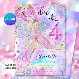 以下が含まれることがあります： ピンクとパープルの虹色の背景に、人魚をテーマにした誕生日招待状。招待状には、グリッターが散りばめられた人魚の尻尾と大きな数字の4が描かれています。テキストには「Dive into 4」と「Our little mermaid Charlotte is turning four!」と、パーティーの詳細が書かれています。
