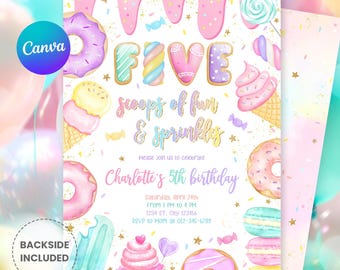 Editable Five Scoops of Fun 5th Birthday Invitation – Sweet Birthday Dessert & Candy Donut Party Invite, S270 (Digital Download)