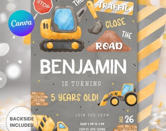 May include: A construction-themed birthday party invitation with a yellow excavator, a yellow bulldozer, and a yellow cement mixer. The invitation says "Benjamin is turning 5 years old!" and includes the text "Join the crew from 2 PM to 4 PM 1234 ST, CITY 123456 RSVP to Mom at 012-345-6789 Dec 26".