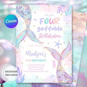 Puede incluir: Una invitación de cumpleaños con temática de sirena con fondo rosa, azul y morado. La invitación presenta dos colas de sirena con brillo y detalles dorados. El texto dice "An Un-Four Gettable Shellabration" y "Madison's 4th Birthday".