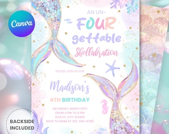 Editable Mermaid Birthday Invitation – Under the Sea Fourth Birthday Shellebration Party Invite, M195 (Digital Download)