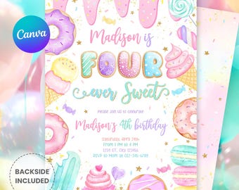 Bewerkbare Four Ever Sweet 4e verjaardagsuitnodiging – Snoep, snoep en donut feestuitnodiging voor meisje, Four Ever Sweet, S270 (digitale download)