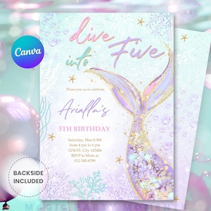Dive into Five Mermaid Purple Teal ,Editable 5th Mermaid Birthday Invitation, Little Mermaid Invite, Mermaid Invites,  Instant Download M193