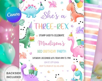 Editable Pastel Dinosaur Birthday Invitation – Three Rex Girl Party, Cute Pink Dino Template, Printable Dino Invite, Instant Download D127