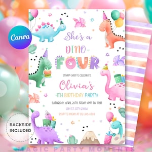 Może przedstawiać: Kolorowe zaproszenie na urodziny z motywem dinozaurów z różowym, zielonym i niebieskim tłem akwarelowym. Zaproszenie zawiera napis "She's a Dino-Four" i "Olivia's 4th Birthday Party!" wraz z datą i godziną. Zaproszenie przedstawia różne dinozaury, w tym różowego dinozaura z czapką imprezową, zielonego dinozaura trzymającego ciasto i niebieskiego dinozaura z czapką imprezową.