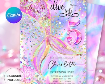 Editable Mermaid 5th Birthday Invitation – Dive into Five Under the Sea Party, Pink Purple Blue Glitter Tail (Instant Download) M210