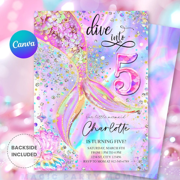 Invito di compleanno a tema sirena per il 5° compleanno, modificabile – Tuffati nella festa "Cinque sotto il mare", coda glitterata rosa, viola e blu (Download immediato) M210