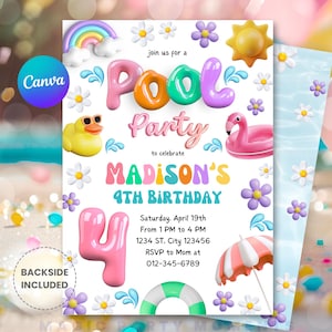 Invito per festa in piscina modificabile, invito di compleanno 3D per piscina estiva, invito stampabile per il 4° compleanno in piscina, download immediato
