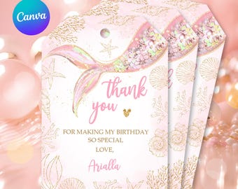Pink Mermaid Birthday Favor Tag: Under the Sea Thank You (Digital Download)