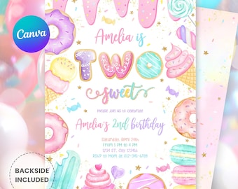 Two Sweet Birthday Invitation, Two Sweet Invitation, 2nd Birthday Photo Invitation, Two Year Dessert Invite, Candy Sweets Donut Invite