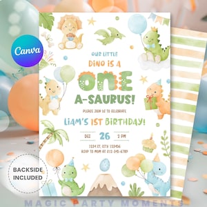 編集可能な One-A-Saurus 恐竜 1 歳の誕生日パーティー招待状 恐竜パーティーテンプレート かわいい恐竜 1 歳の誕生日招待状 D130