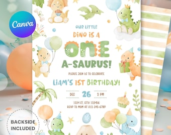 Könnte beinhalten: Eine Geburtstagseinladung mit Dinosaurier-Motiv. Die Einladung zeigt Aquarellillustrationen von Dinosauriern, Luftballons und einem Vulkan. Der Text lautet "Our Little Dino is One A-Saurus!" und enthält Details für Liams 1. Geburtstag.