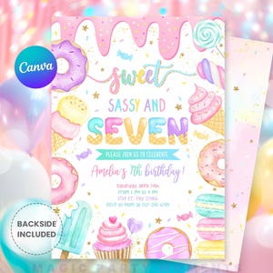 Sweet Sassy and Seven Birthday Invitation, 7th Birthday Girl Invite, Sweet Seven Birthday Invitation, Candy Sweets Donut, Instant Download
