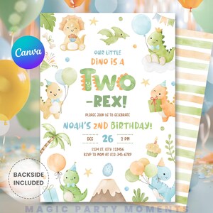 Dinosaurier-Geburtstags-Einladungsvorlage, Pastell-Dinosaurier, 2.Geburtstag, Niedlicher Dino, Einladen, Druckbare Geburtstags-Einladung, Party, D130