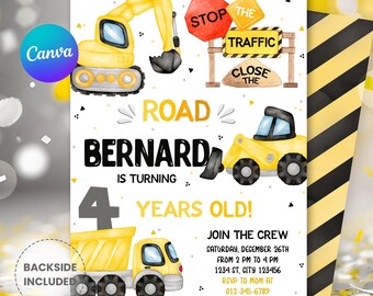 May include: Construction themed birthday party invitation with a yellow excavator, dump truck, and bulldozer. The invitation says "Road Closed" and "Bernard is turning 4 years old!" with a black and yellow striped background.