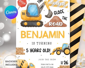 May include: Construction themed birthday party invitation with a yellow excavator, a yellow dump truck, a yellow cement mixer, and a brick wall. The text on the invitation reads "The Traffic Close The Road Benjamin is turning 5 years old! Join the Crew from 2 PM to 4 PM 1234 St, City 123456 RSVP to Mom at 012-345-6789 Dec 26"