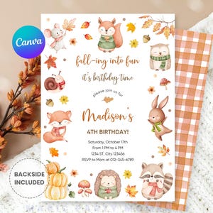 Editable Falling Into Fun Fall Party Invitation – Autumn Leaves and Animals Themed Invite, Pumpkin Cozy Fall Party (Instant Download)
