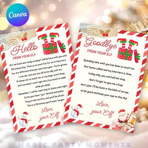 Puede incluir: Dos tarjetas navideñas con bordes a rayas rojas y blancas. Una dice "Hello From Your Elf" y la otra "Goodbye From Your Elf". Cada tarjeta presenta ilustraciones festivas de regalos, muñecos de nieve y Papá Noel.