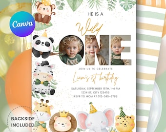 Wild One Birthday Safari Invitation | Jungle Animals 1st Birthday Invite With Photo | Editable Digital Download
