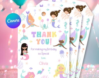Pastel Mermaid Thank You Tags: Editable Birthday Favor Cards (Instant Download)
